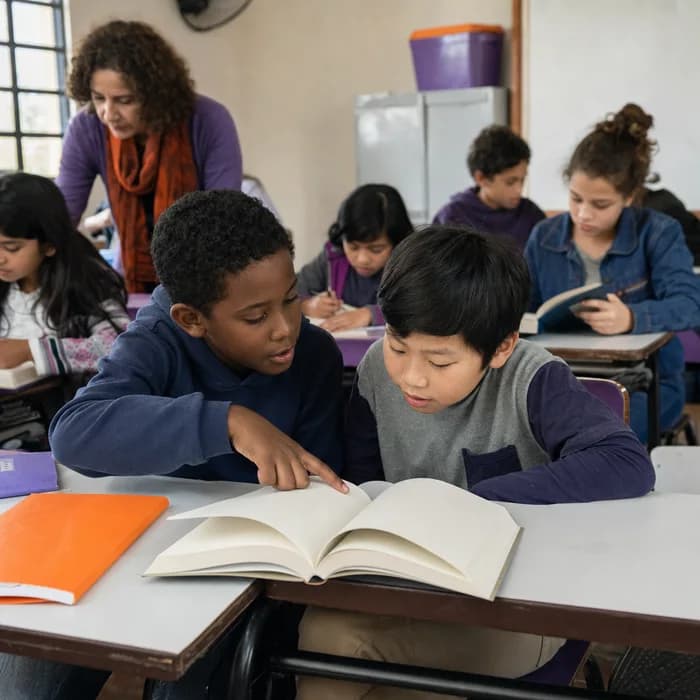 Dois estudantes trabalham juntos com um livro aberto