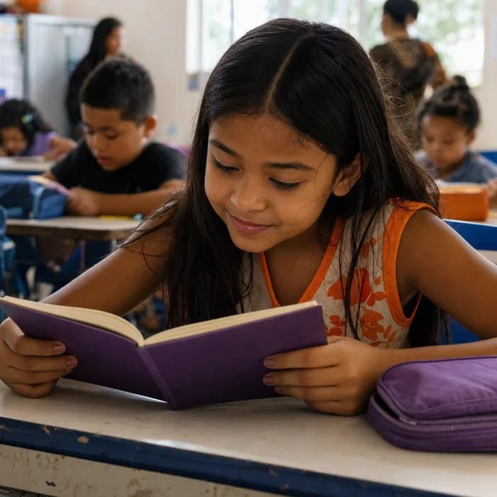 Estudante lê concentrada um livro na sala de aula